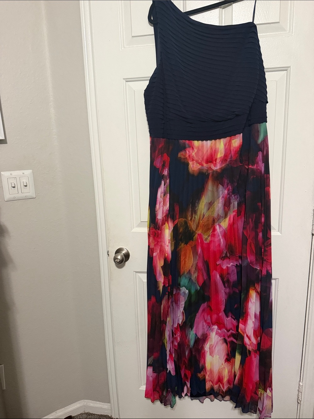 One-Shoulder Floral Maxi Dress in Navy and Pink